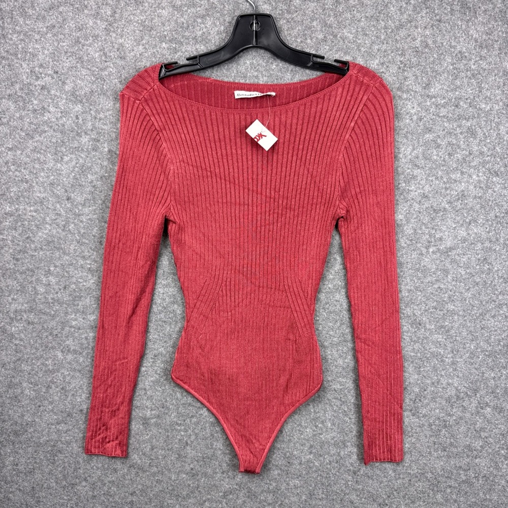 Abercrombie & Fitch Women Dark Rose Ribbed Boat Neck Long Sleeve Bodysuit Small